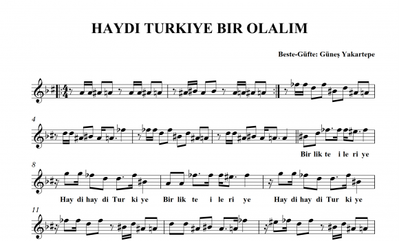 HAYDI TURKIYE BIR OLALIM 1. Sayfa Notaları Söz Ve Beste Güneş Yakartepe Manşet